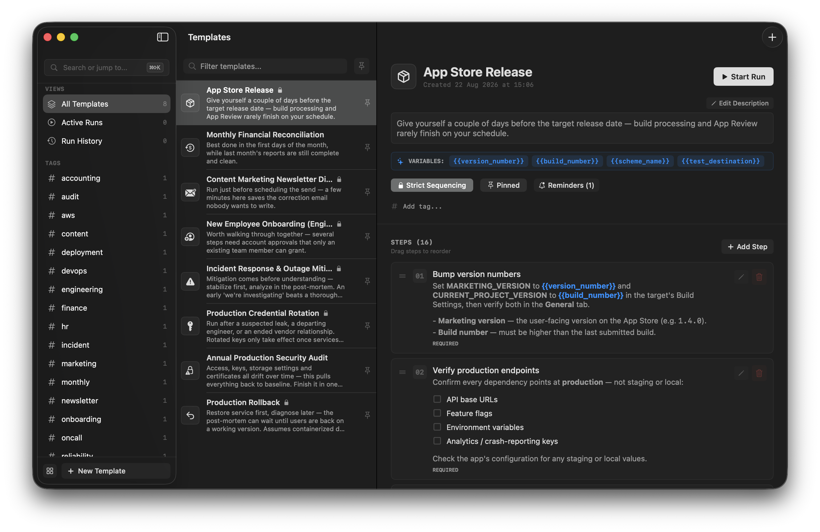 The App Store Release template open in Airstrip, showing sequential steps with variables and context observers configured.