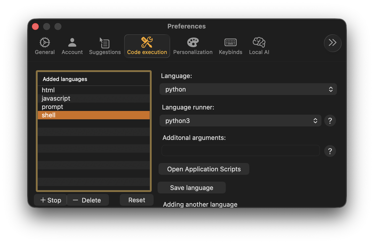 Code execution settings