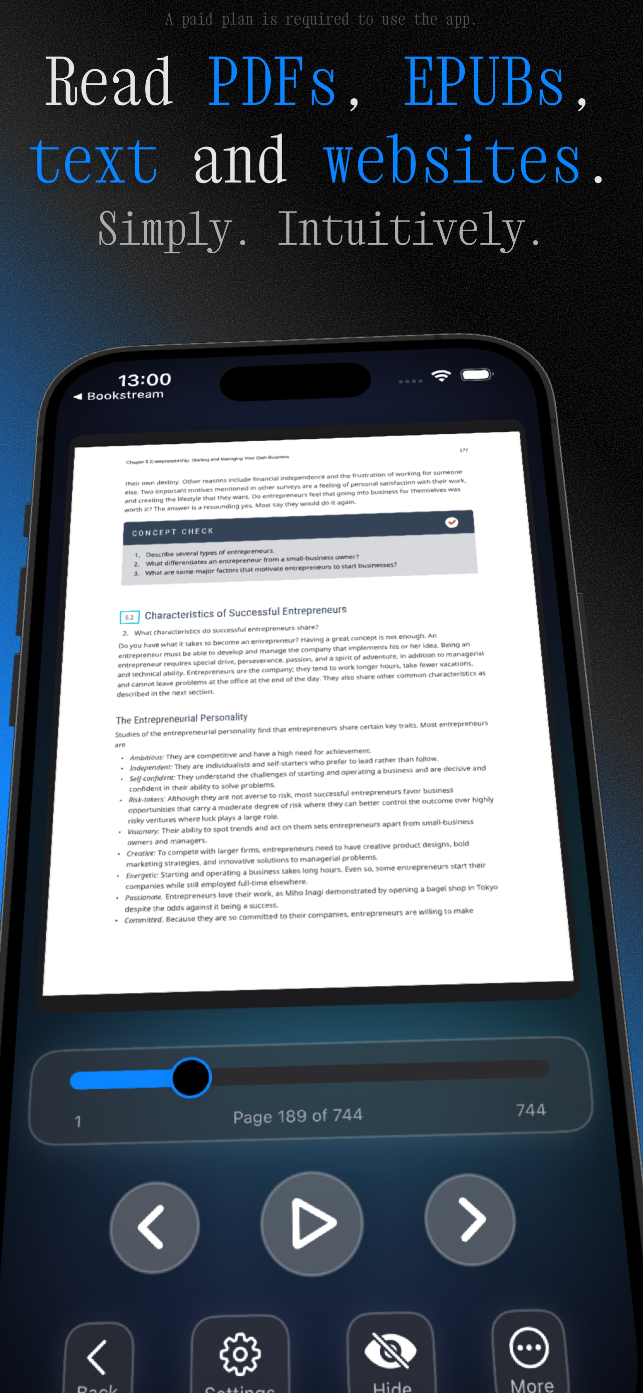 Read PDFs, EPUBs, websites and text