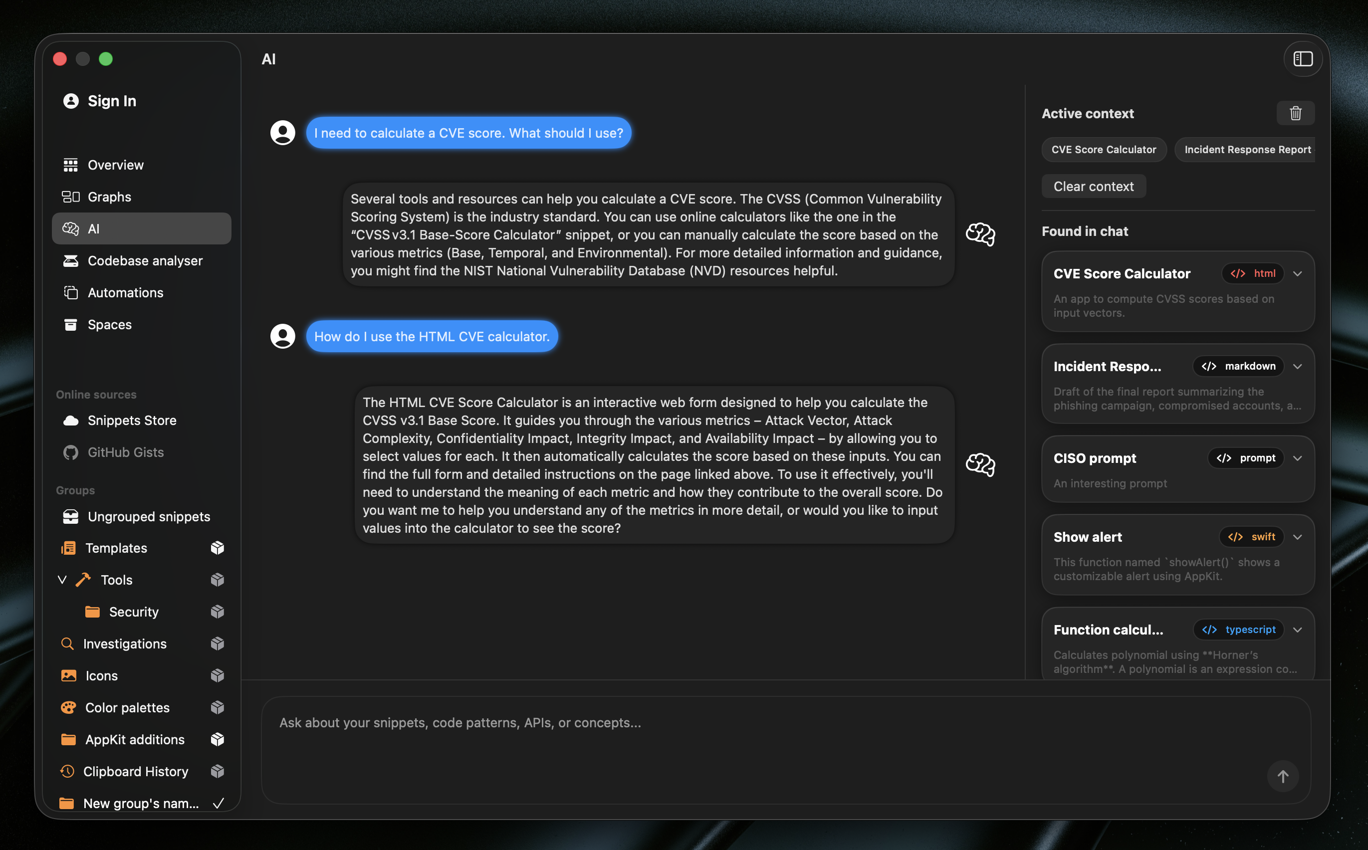 Built-in AI chat with snippet context