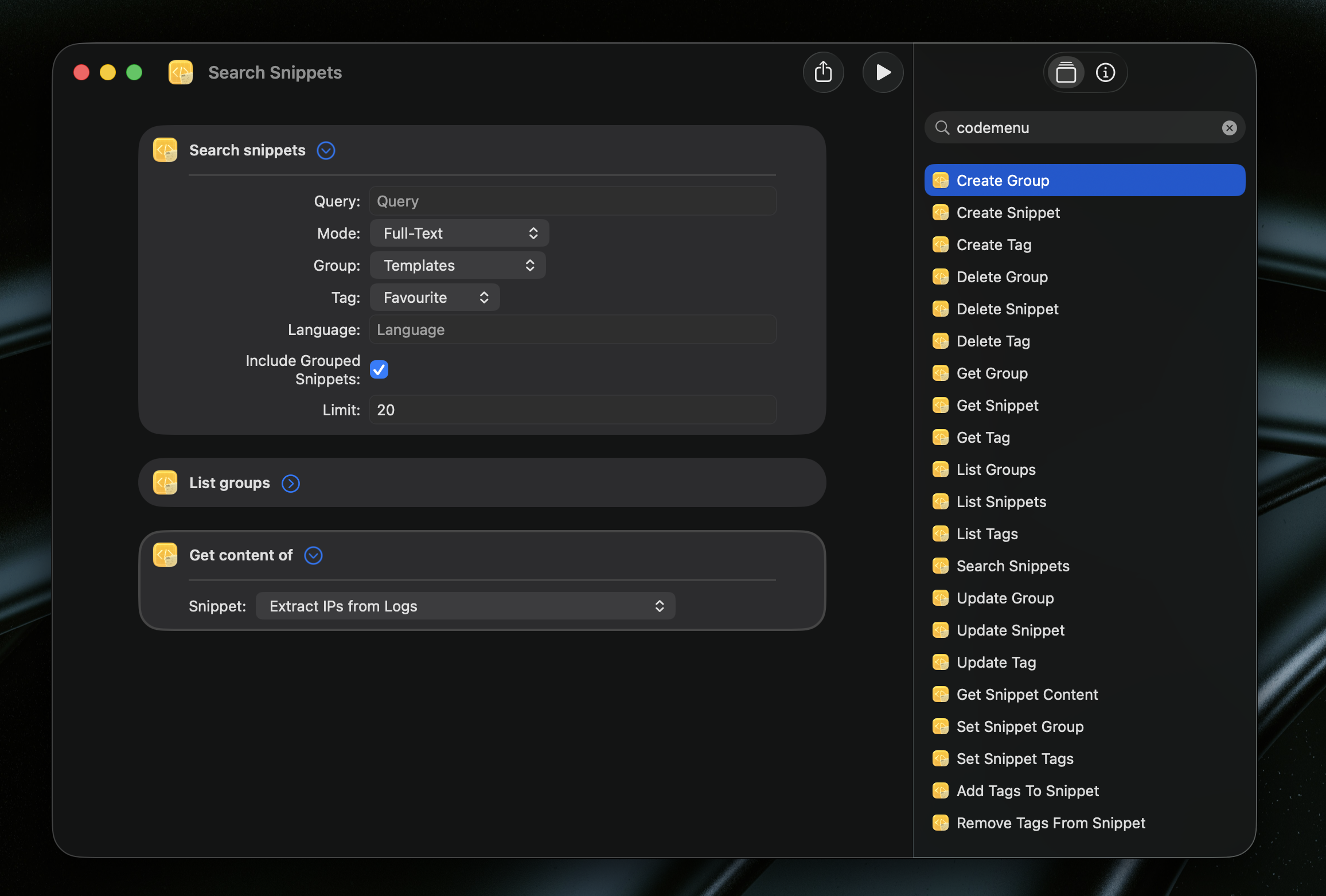 Shortcuts app actions for CodeMenu