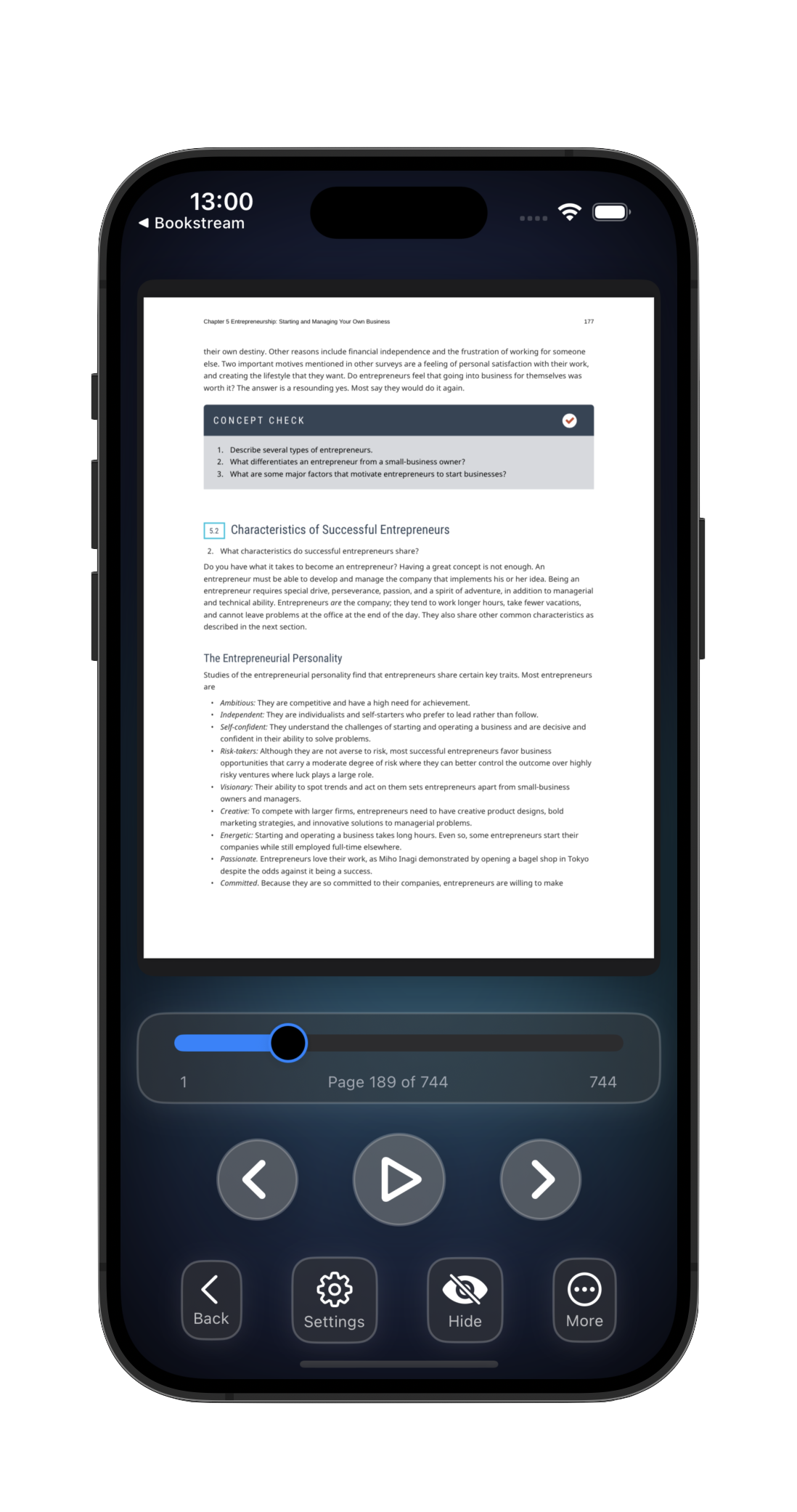 Reader screen with playback controls