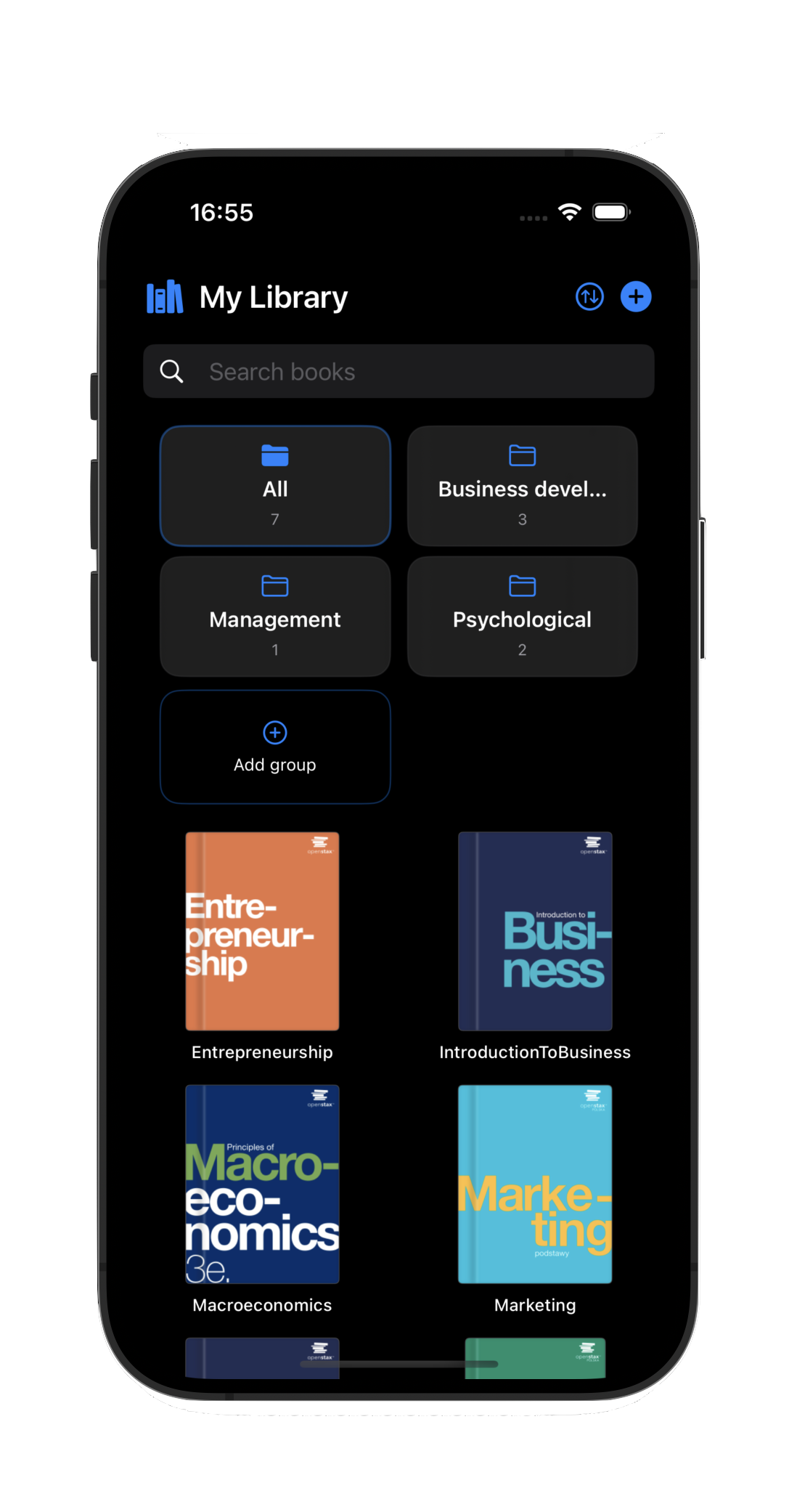 Library view with groups and items