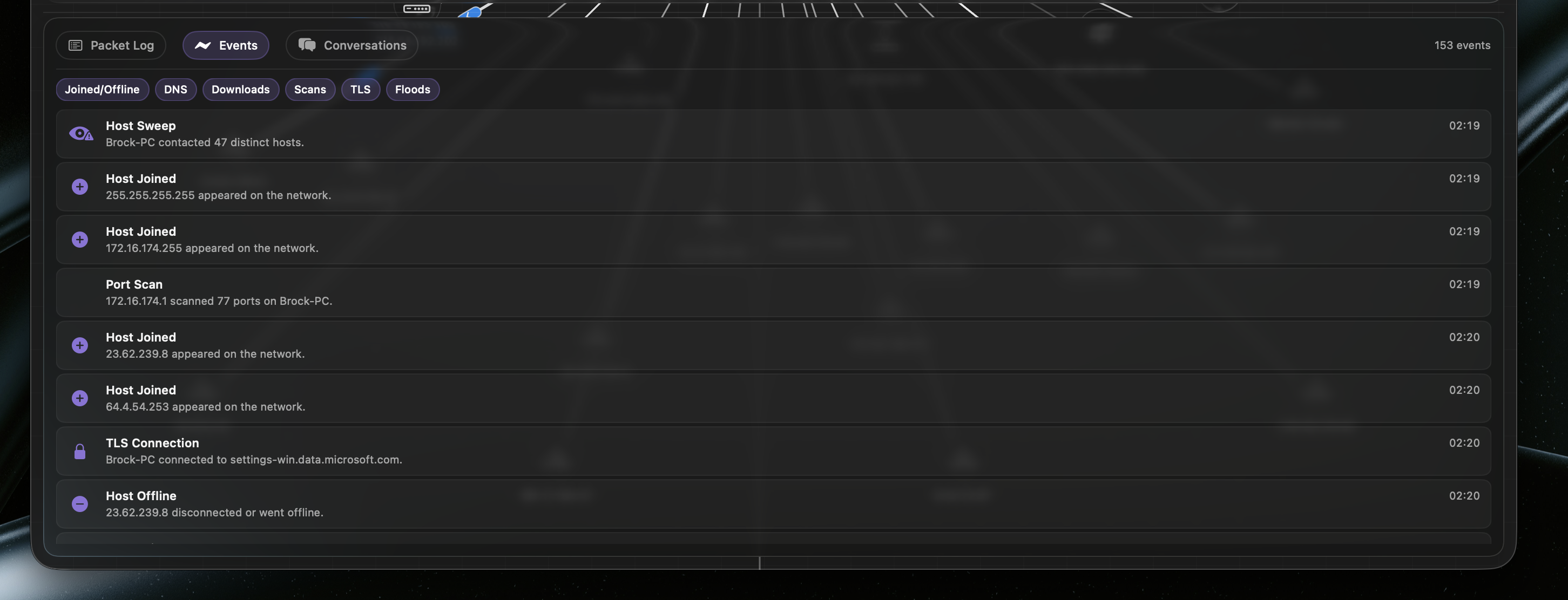Netvis events view with flagged activity from a packet capture.