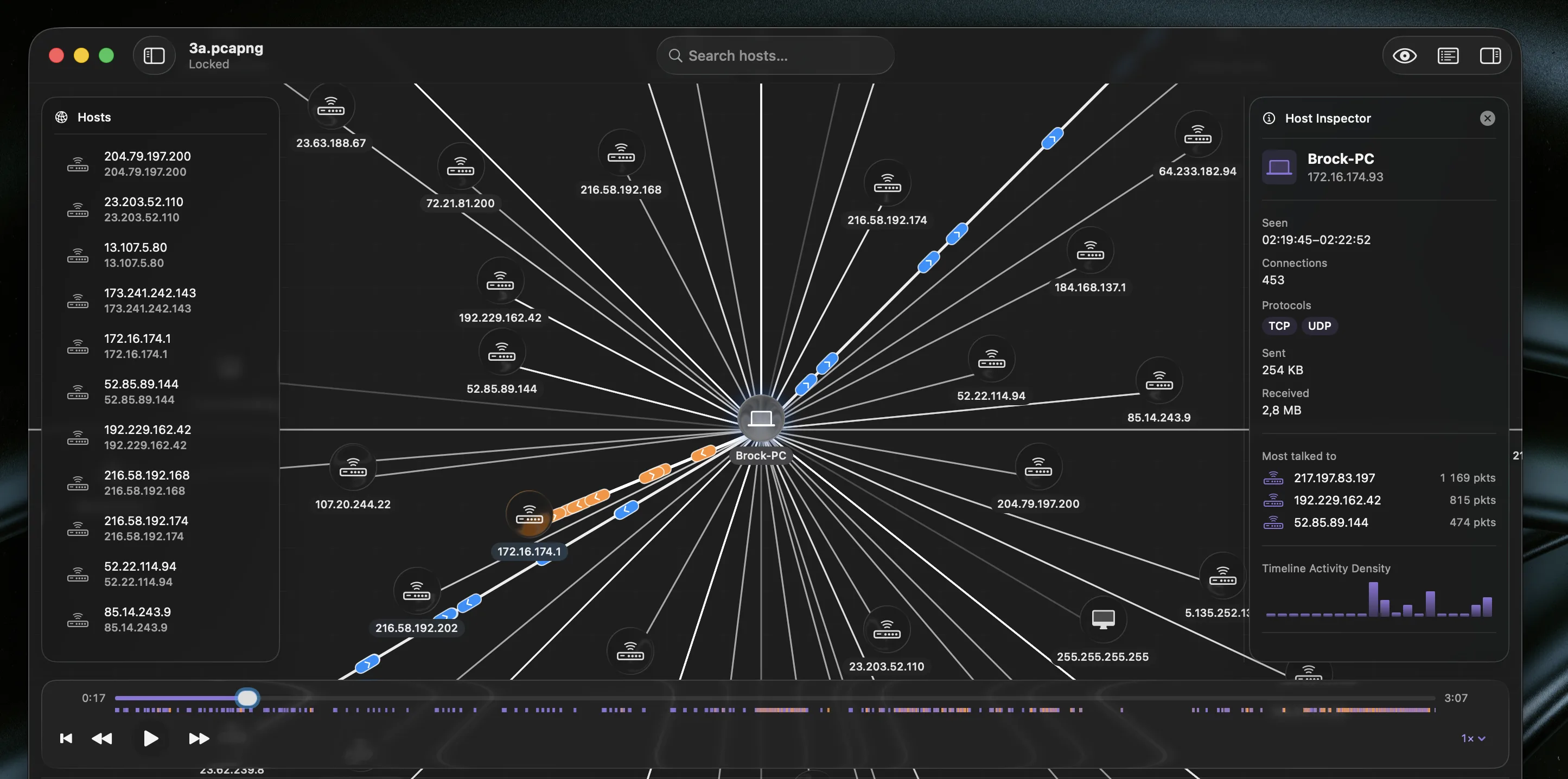 Netvis network traffic graph with animated packet playback controls.