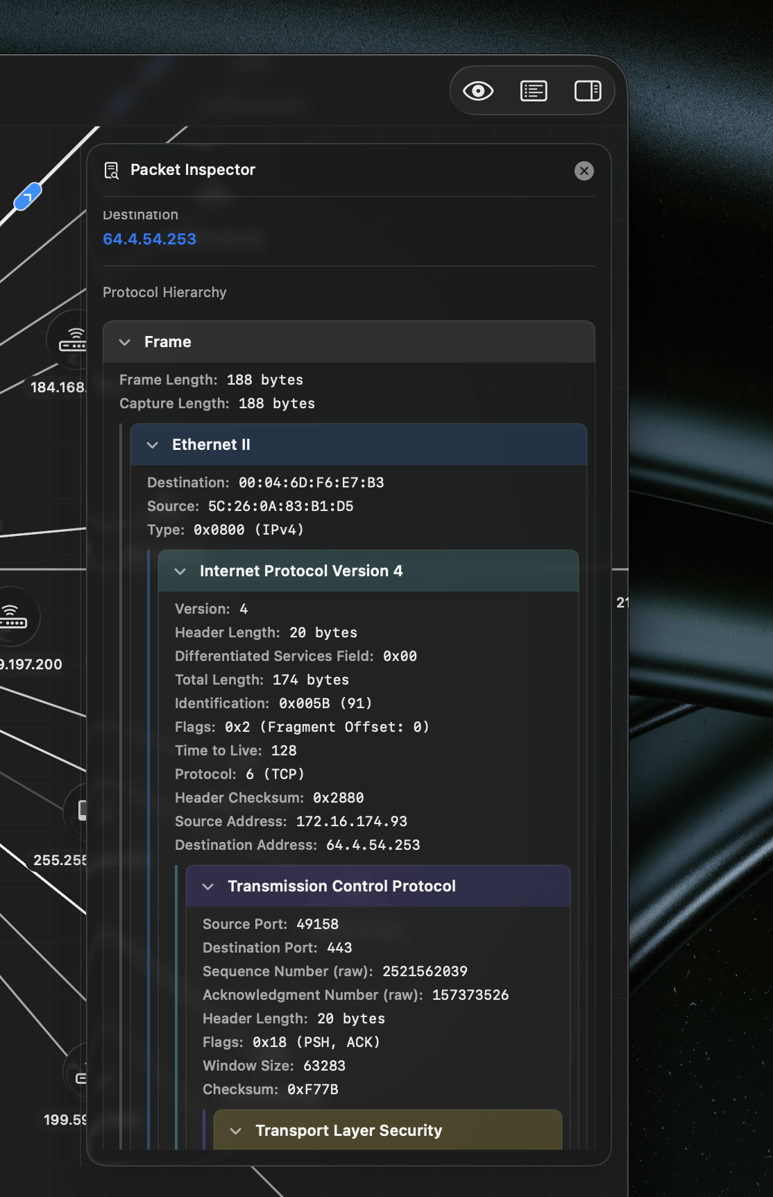 Netvis packet inspector showing protocol hierarchy details.