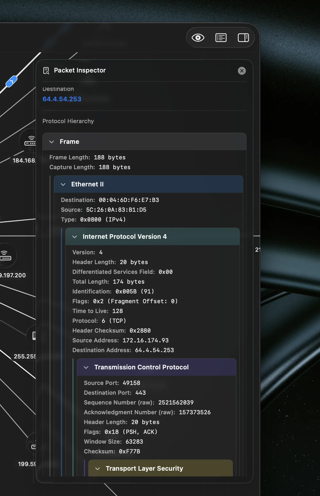 Netvis packet inspector showing protocol hierarchy details.