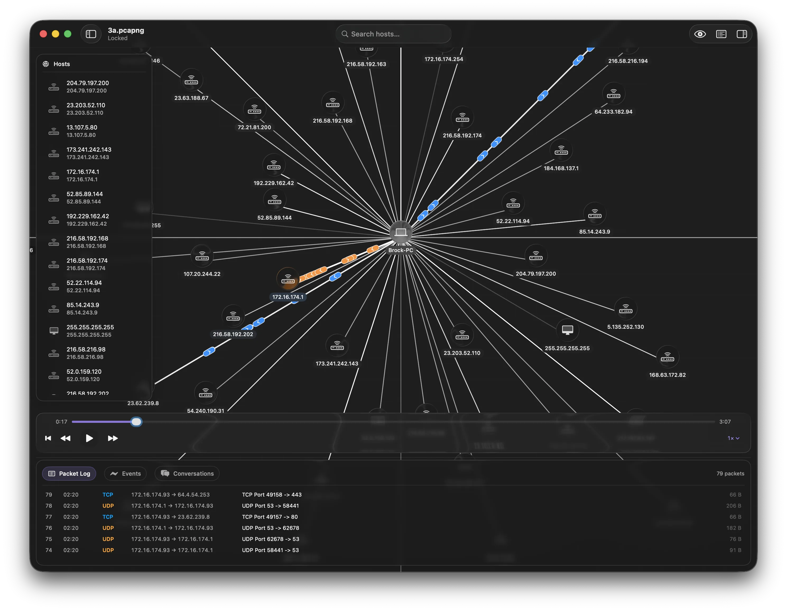 Netvis network graph and packet playback window