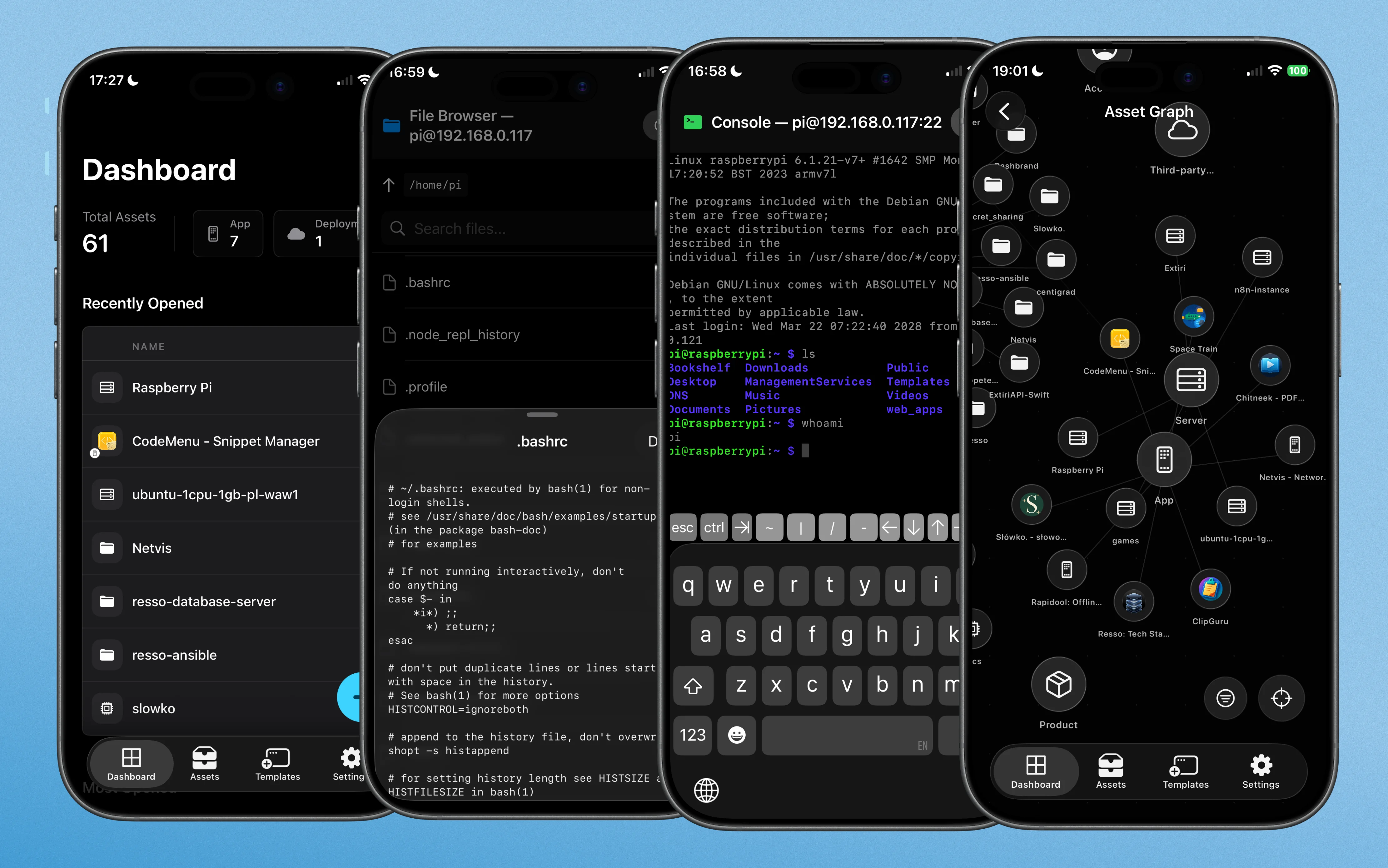 Resso running on iPhone — dashboard, file browser, SSH console, and asset graph