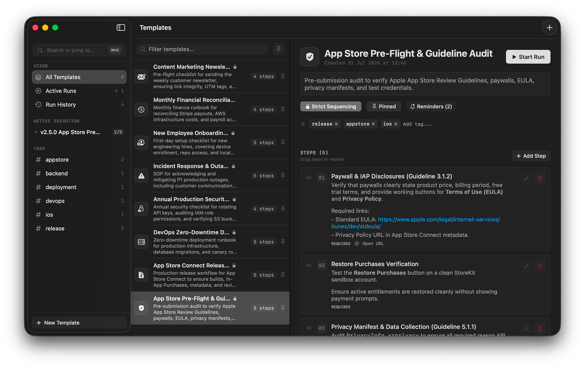 Airstrip showing a structured App Store release workflow on Mac