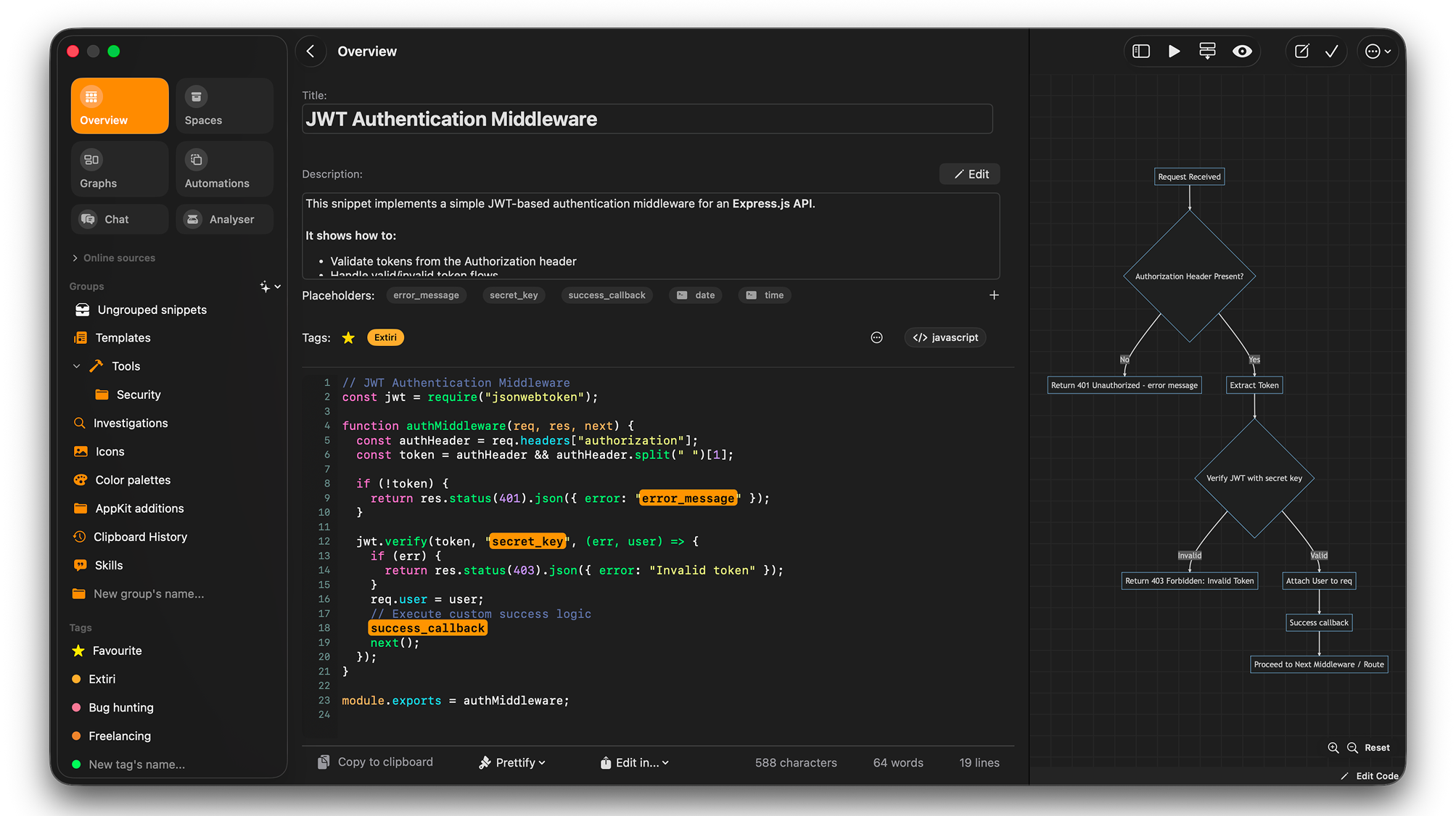 CodeMenu editing a code snippet and its flow diagram on Mac