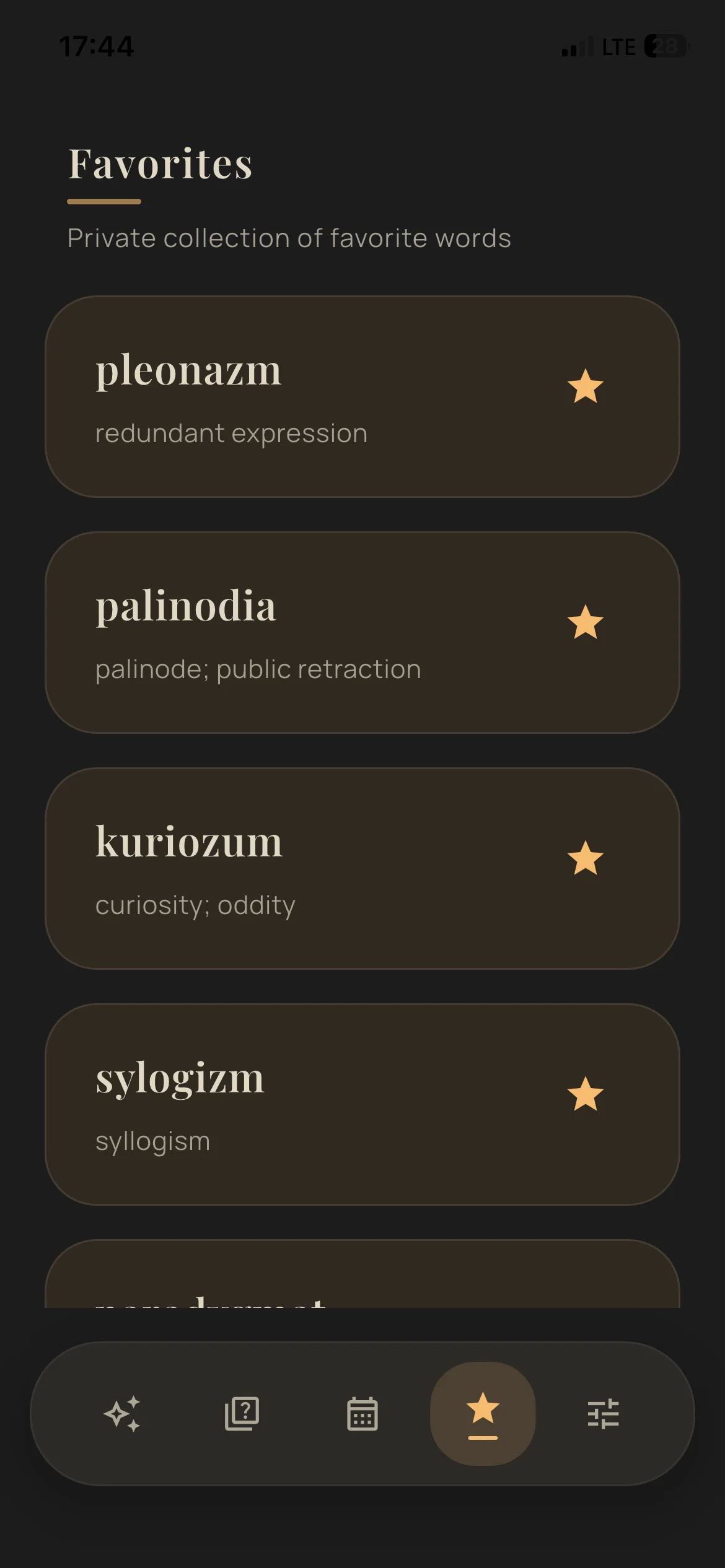 A personal list of saved Polish words in Słówko.