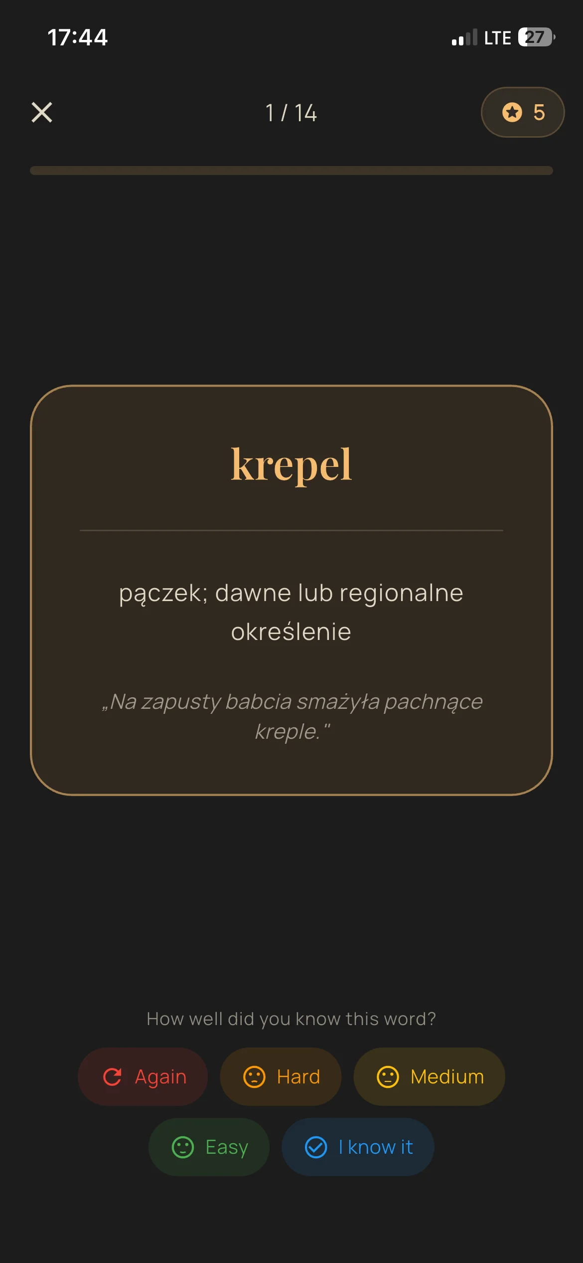 The answer side of a Polish vocabulary flashcard in Słówko.