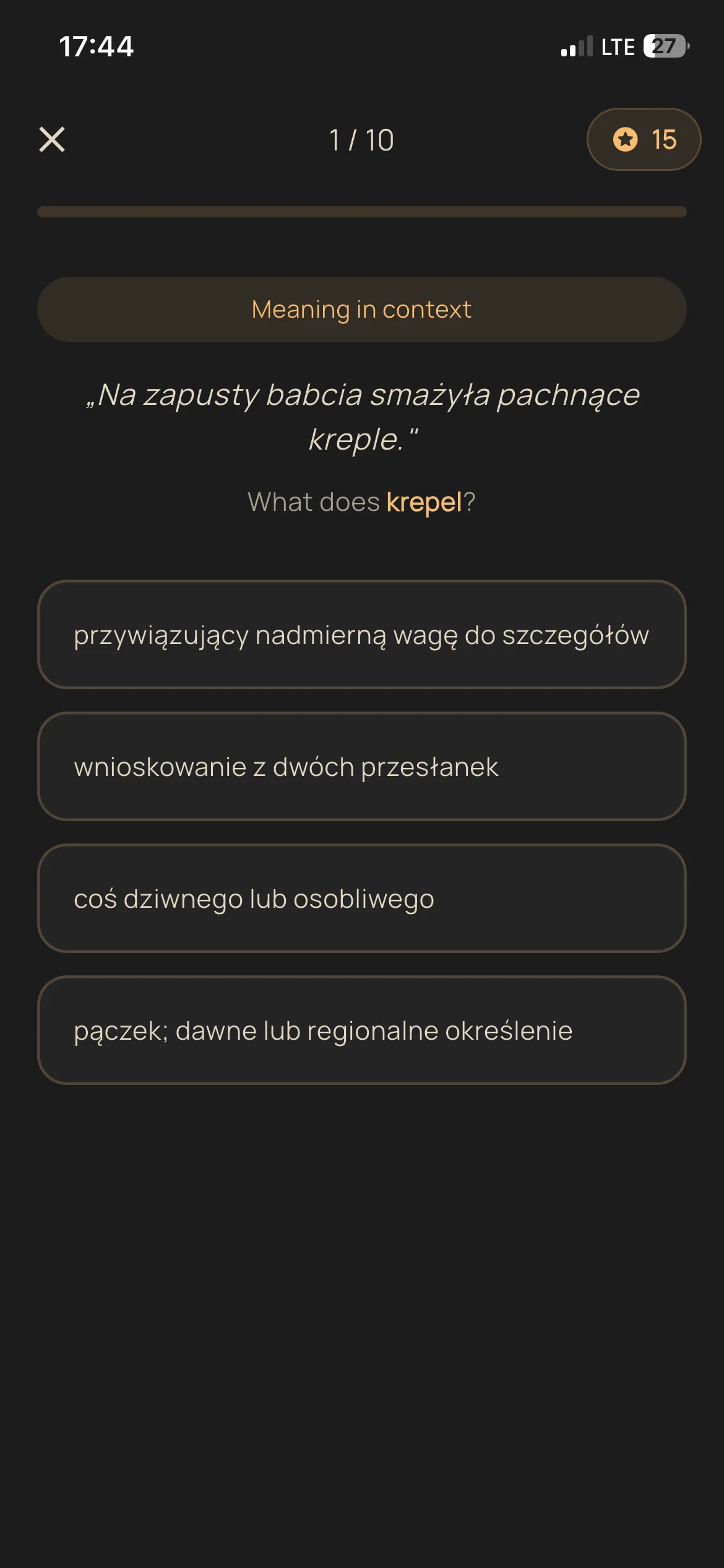 A quiz testing the meaning of a Polish word in Słówko.