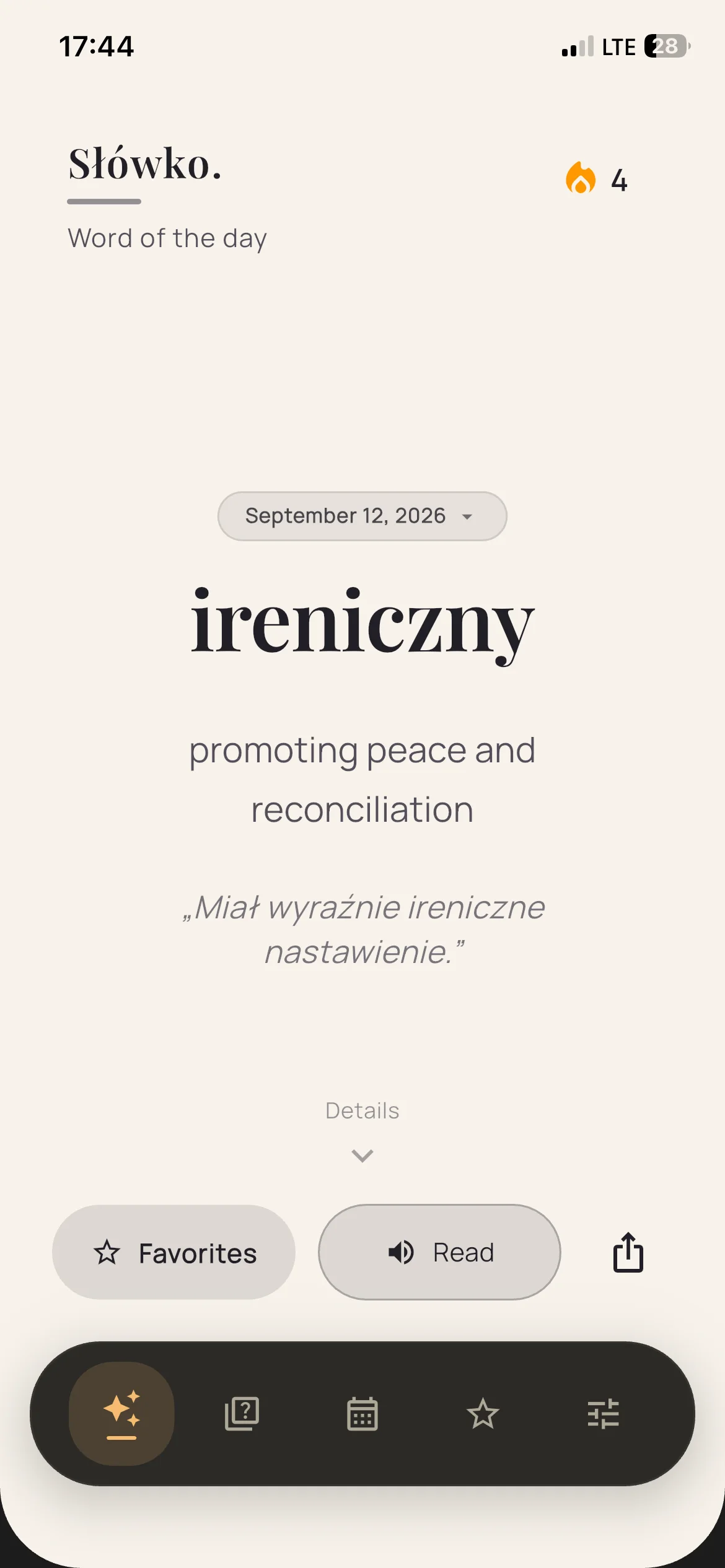 The Polish word ireniczny explained in English in Słówko.'s light theme