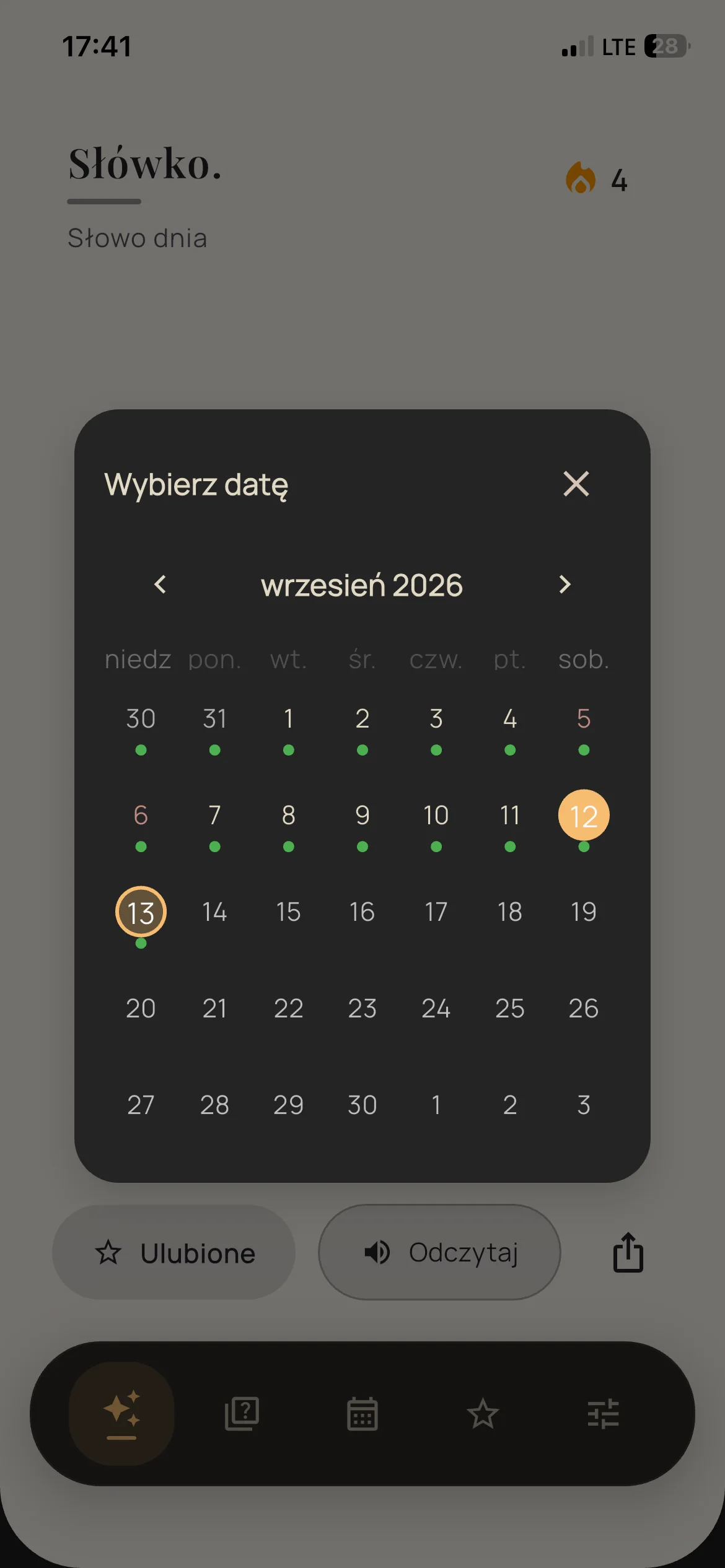 Kalendarz poznanych słów w aplikacji Słówko.