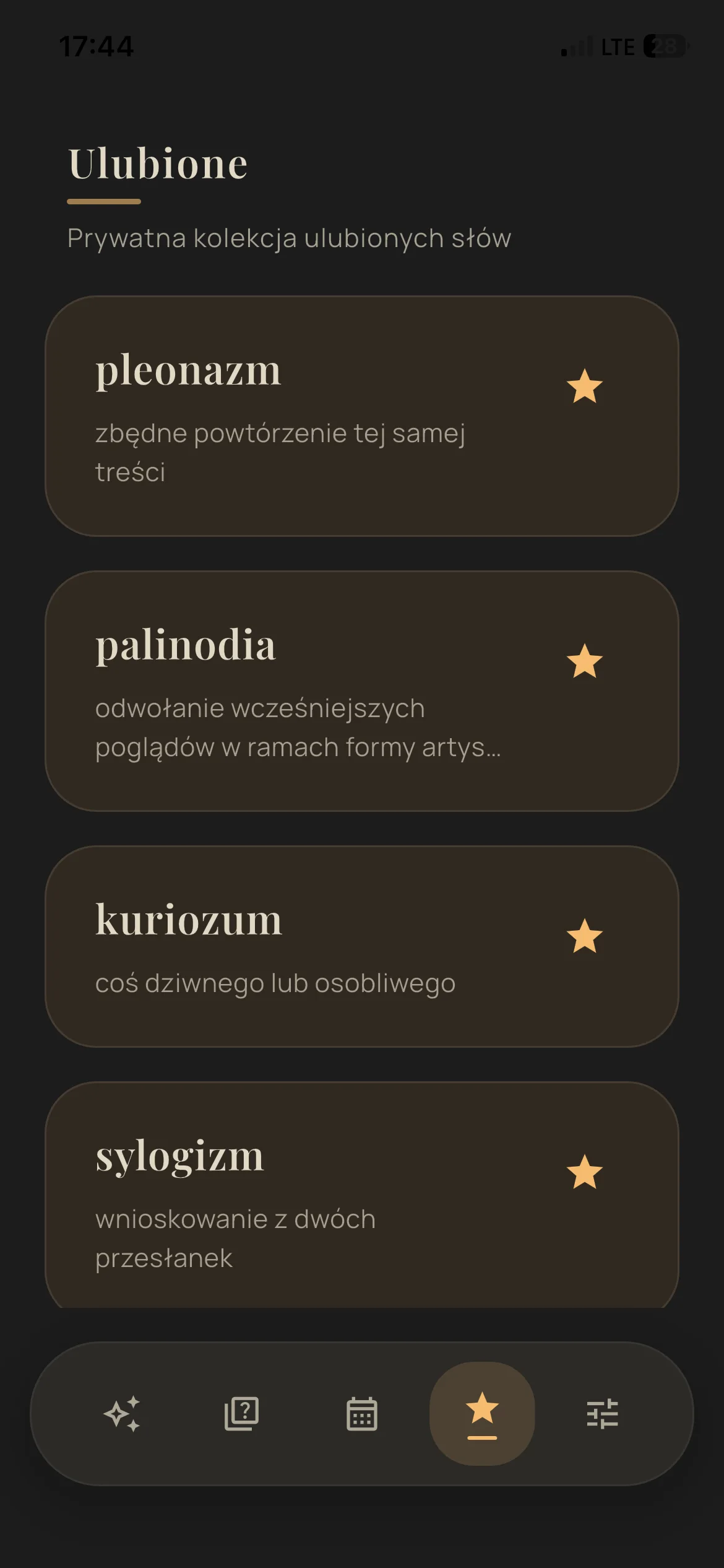 Lista ulubionych polskich słów zapisana w aplikacji Słówko.
