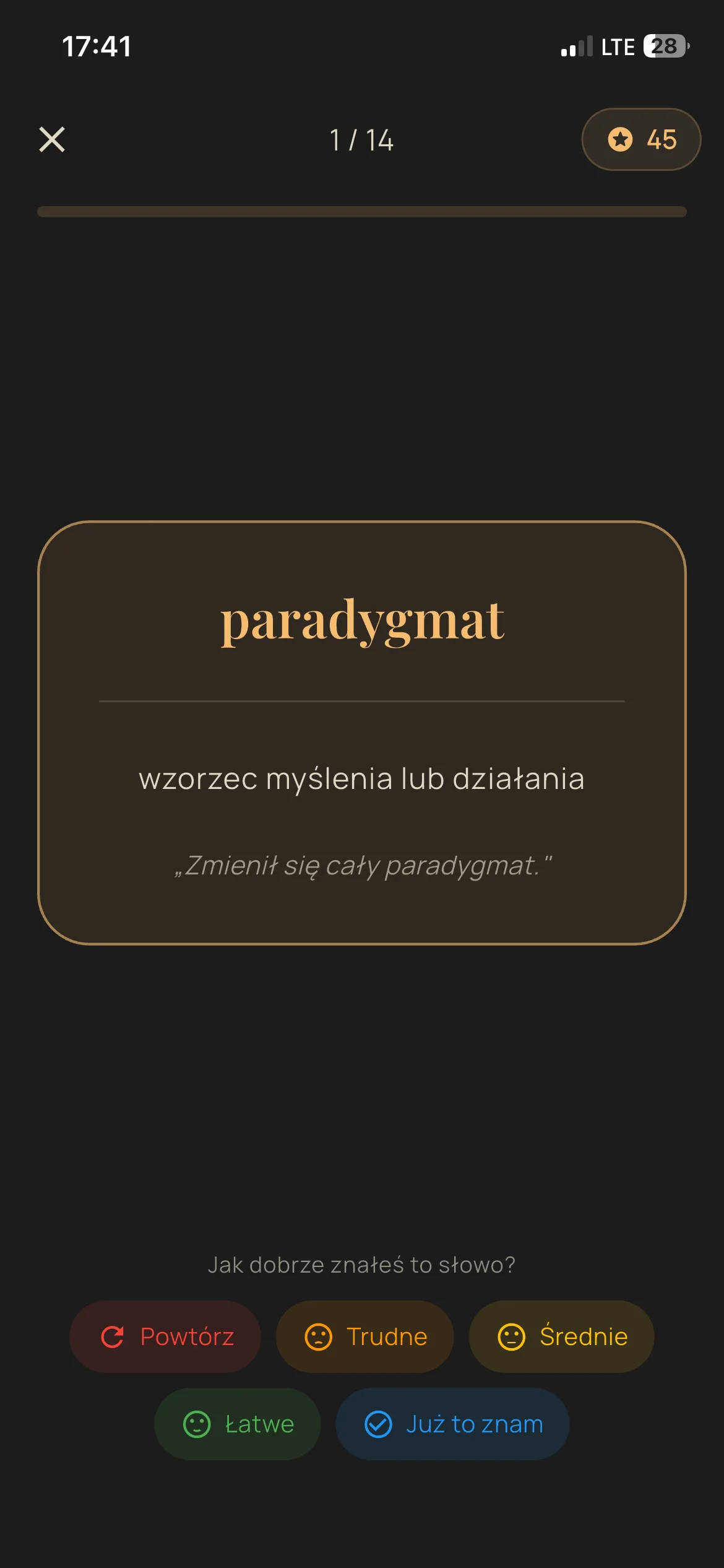 Odpowiedź na fiszce ze znaczeniem słowa w Słówko.