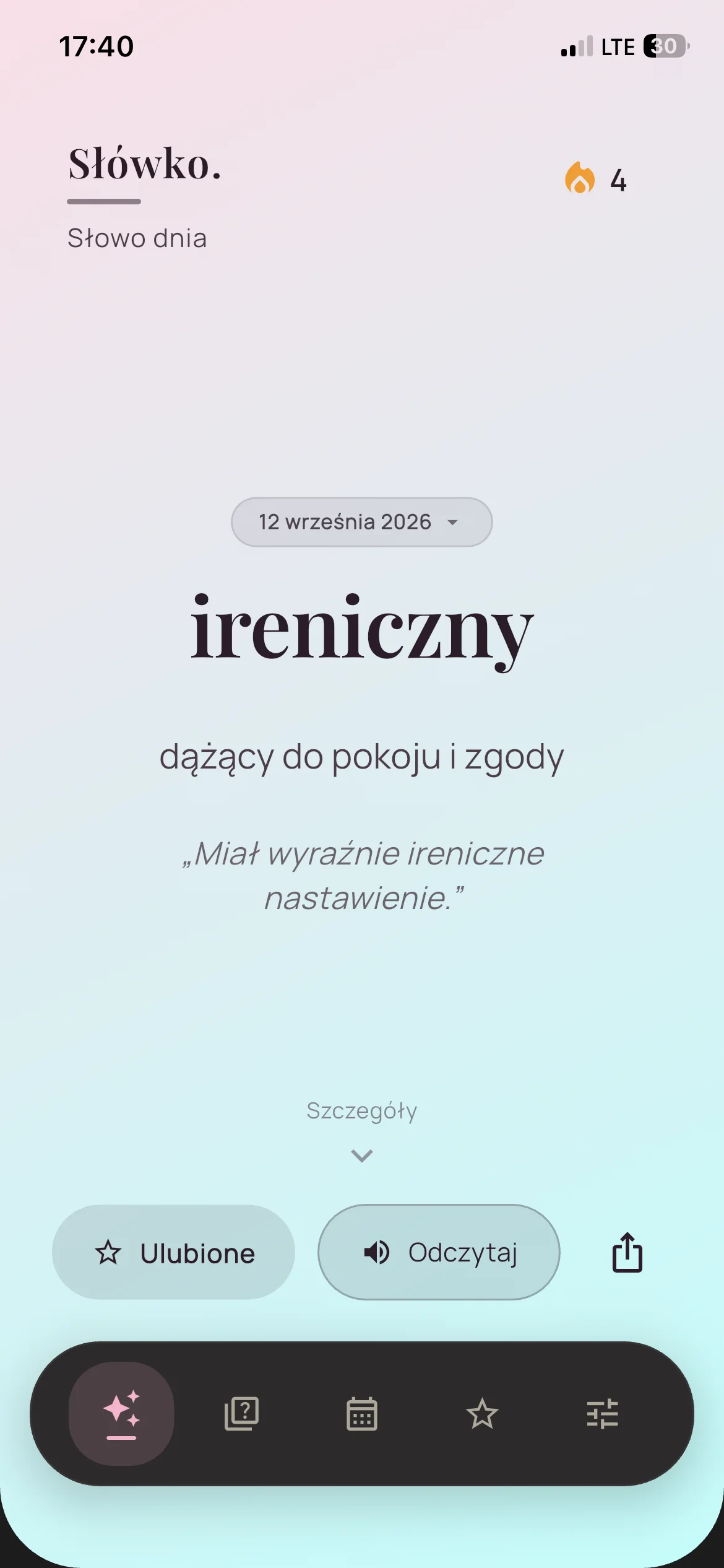 Kolorowy motyw ekranu słowa dnia w aplikacji Słówko.